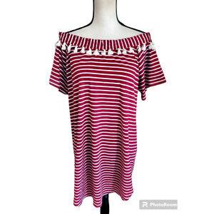 Umgee Red & White Striped Stretch Knit Off-The-Shoulder Fringed Dress Sz L NWT
